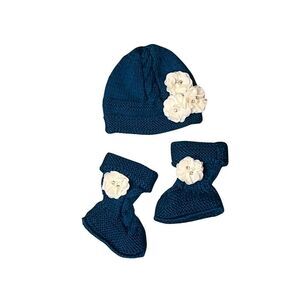 New Dark Green Knit Gloves & Matching Hat White Floral Detail Kids Winter Warm